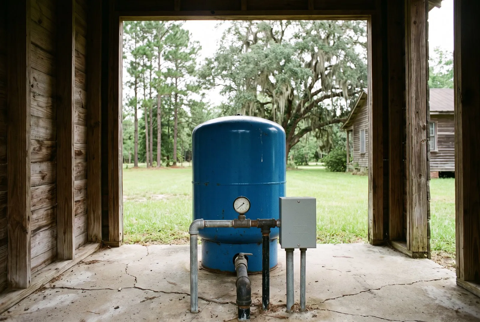 A pressure tank and well plumbing beside a rural Acadiana-style home.