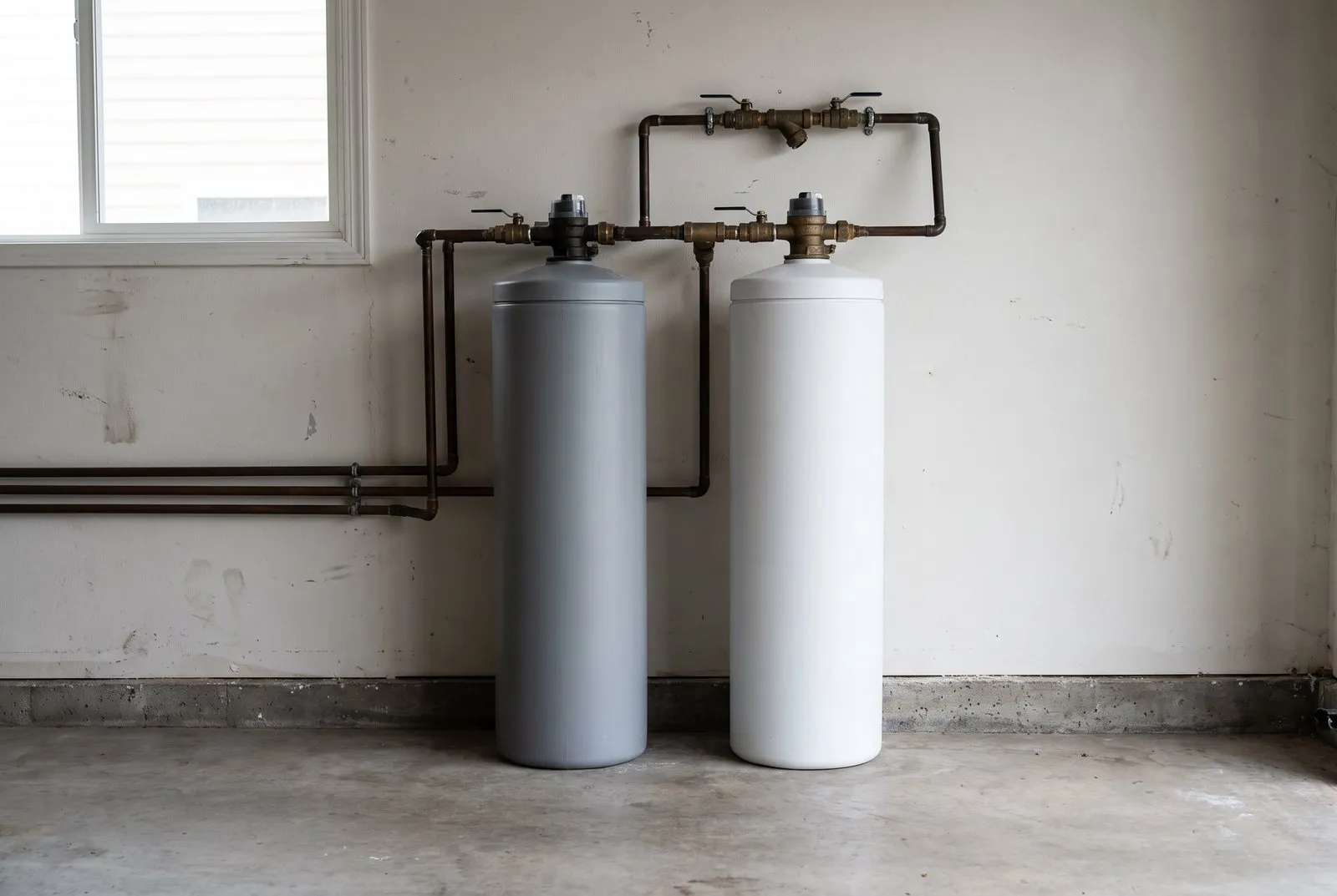 Whole-home filter tanks plumbed in along a garage or utility wall, with no brand markings.